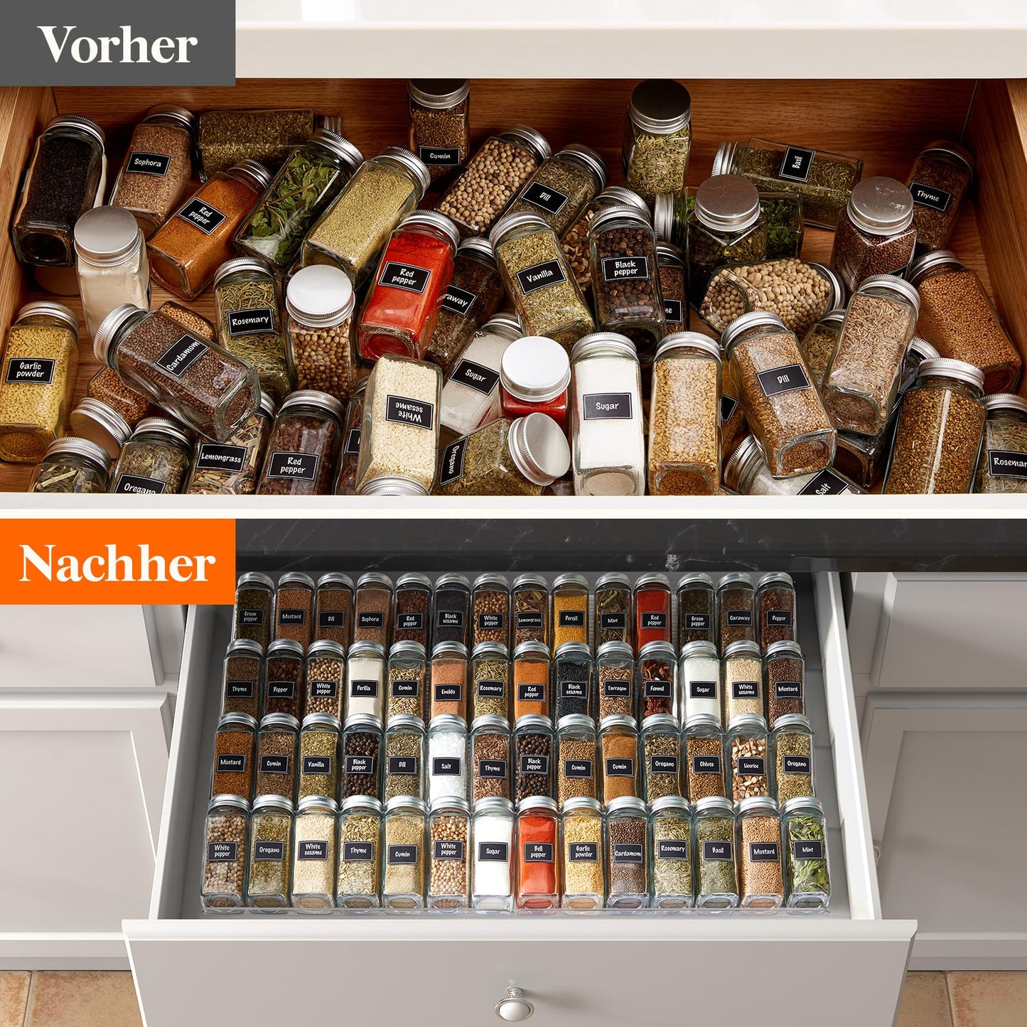 Lifewit Spice Organizer Drawer, 6-Piece Removable Spice Rack Drawer Width 20 to 40 cm, 3-Tier Plastic Spice Drawer Insert, Spice Rack for Countertop/Cabinet, Transparent