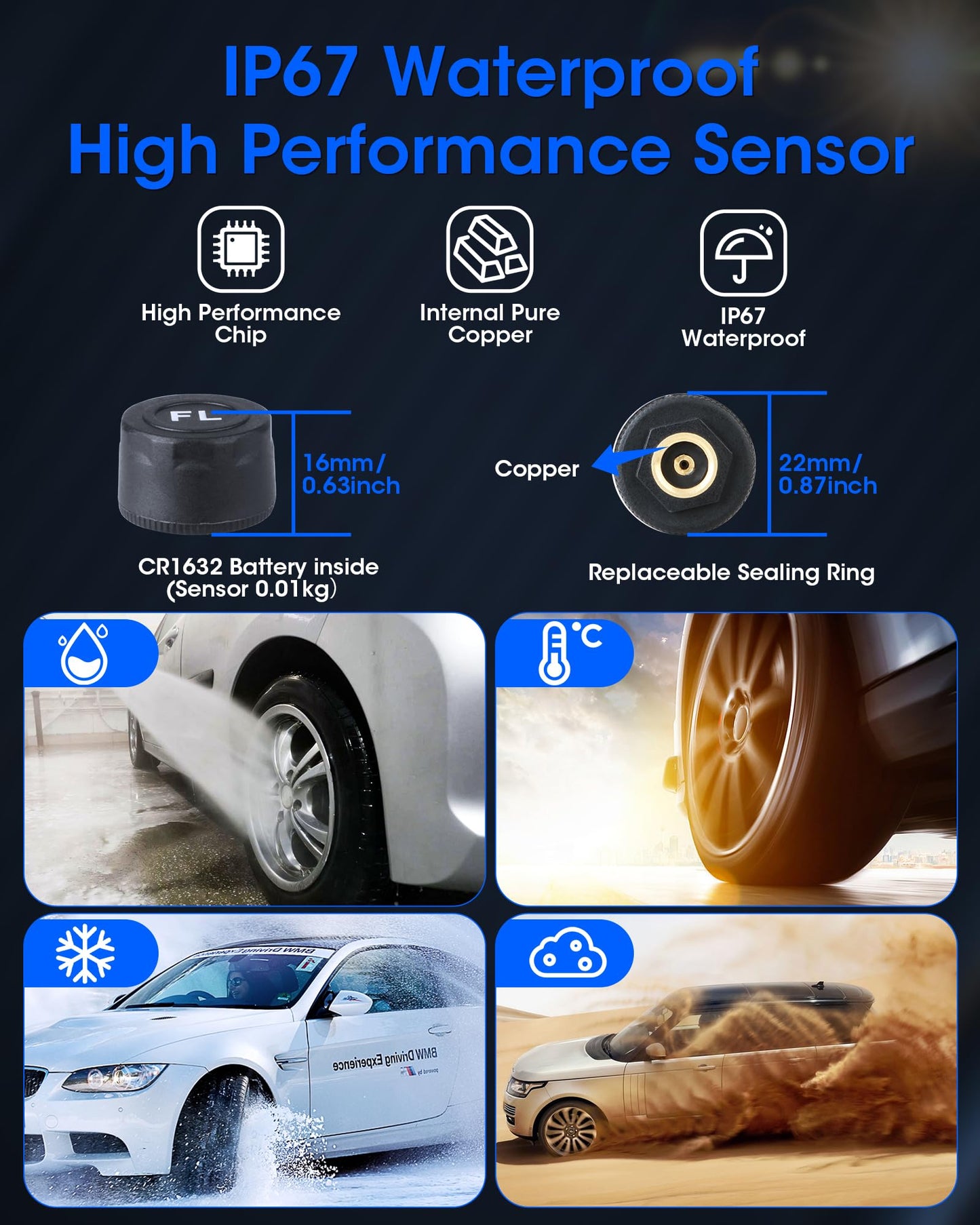 TPMS Tire Pressure Monitoring System with 2/4-wheel modes. High Precision Solar Charging TPMS with 3.5 inch Detachable Bracket and 4 External Tire Pressure Sensors for Car Van SUV 5-87 Psi.