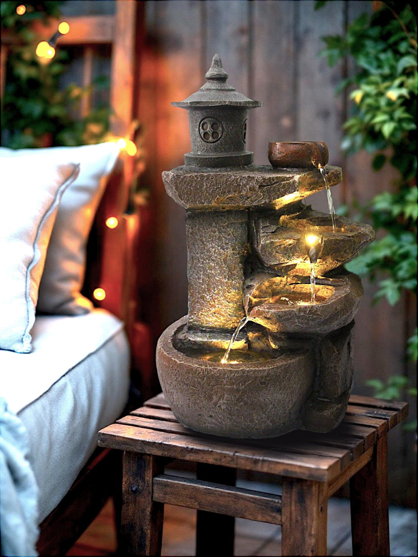 Arnusa fountain BK851 waterfall with lighting garden fountain indoor fountain cascade fountain terrace fountain decoration, brown gray, 50x30 cm.