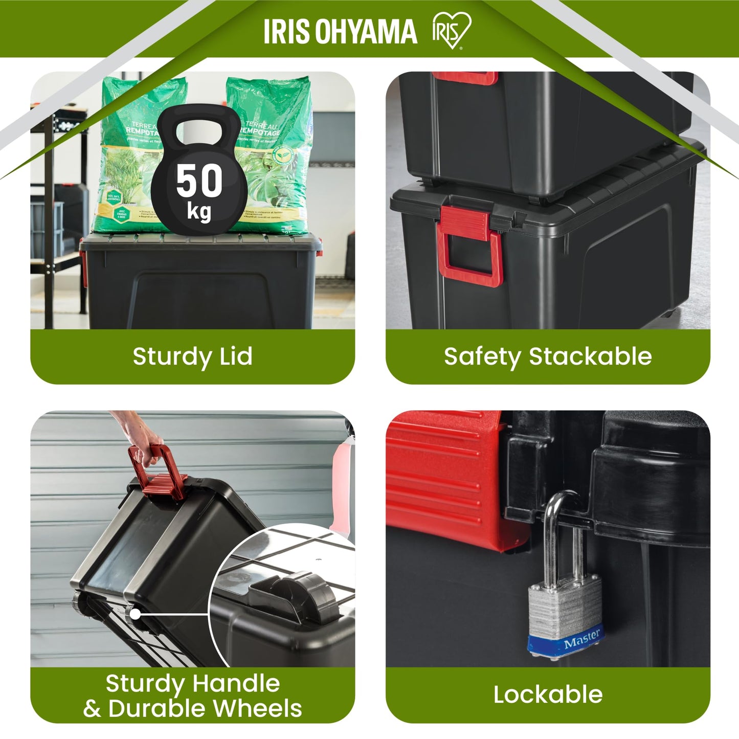 Iris Ohyama, Large Plastic Storage Box, 75L Garage Storage Box, Set of 3, SIA-75, Black, Stackable, Snap Locks - W78 x D39.5 x H35 cm