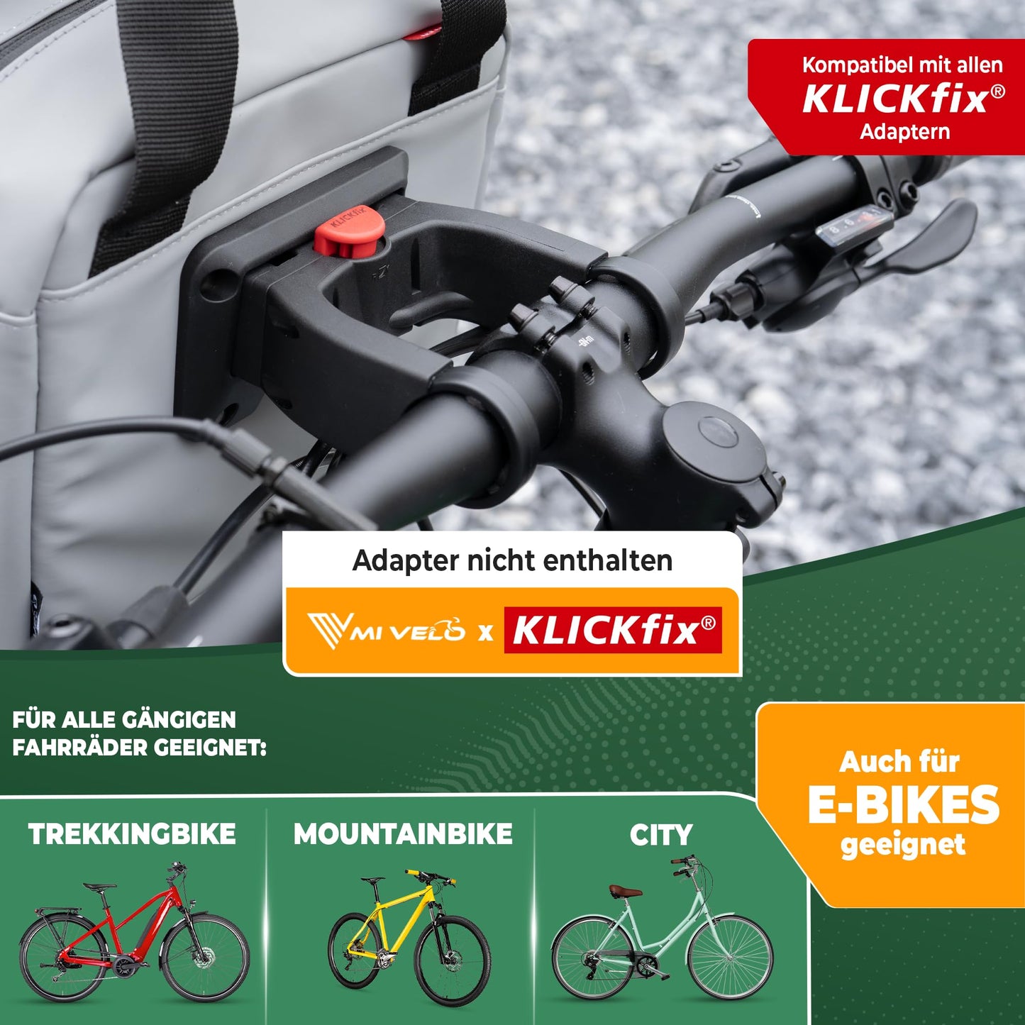 MIVELO Handlebar Bag for KLICKfix - Bike Handlebar Bag - water-repellent & spacious - Handlebar Bag - Handlebar Bag - E-Bike compatible (Grey)