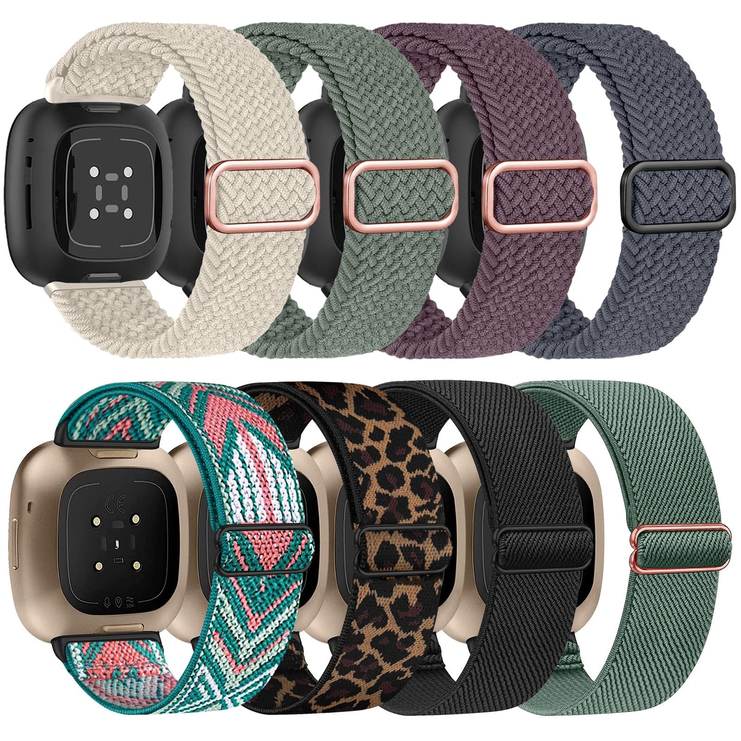Zspoly 8 Pack Bands Compatible with Fitbit Versa 4 / Fitbit Versa 3 / Fitbit Sense 2 / Sense Sport, Soft Elastic Replacement Nylon Sport Band for Men and Women