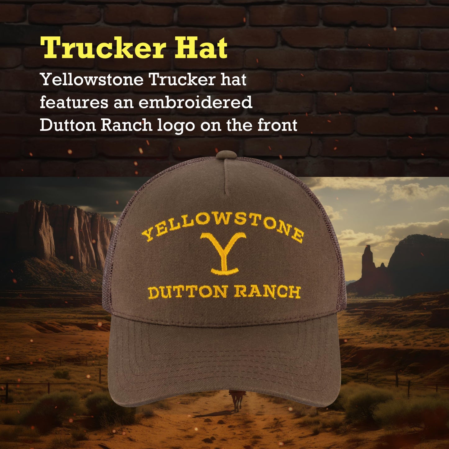 Concept One Adult Unisex Yellowstone Adjustable Mesh Snapback Trucker Hat with Curved Brim Baseball Cap, Brown, One Size.