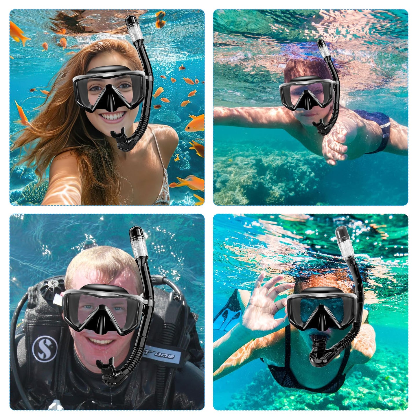 Adult Snorkel Set, Adult Diving Mask with Dry Snorkel, Waterproof Dive Mask Anti-Fog Anti-Leak, With Tempered Glass Lens, Snorkeling and Diving Snorkel Sets (Black)
