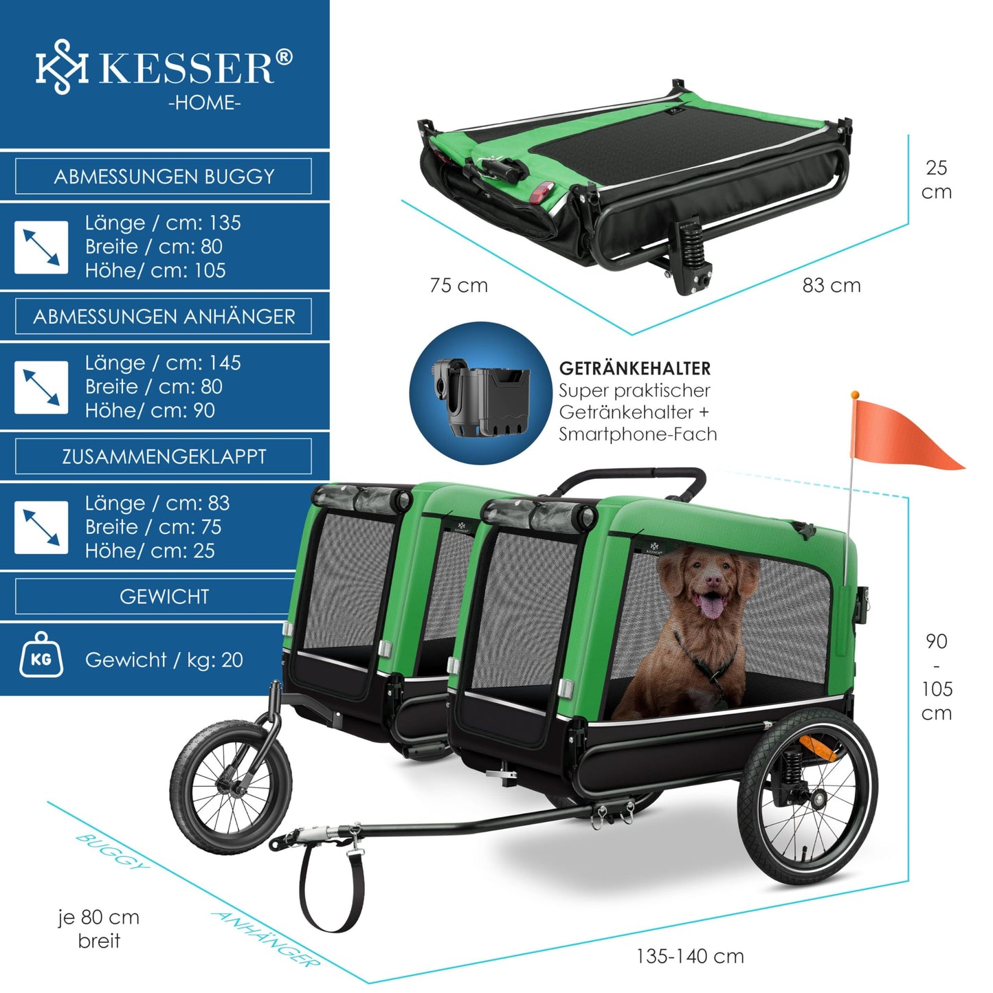 KESSER® Dog Trailer Boxer 3-in-1 Dog Stroller & Jogger Bicycle Trailer large approx. 240 liters volume, sprung, Material: 600D Oxford Canvas, SmartSpace Concept, maximum load capacity: 40 kg
