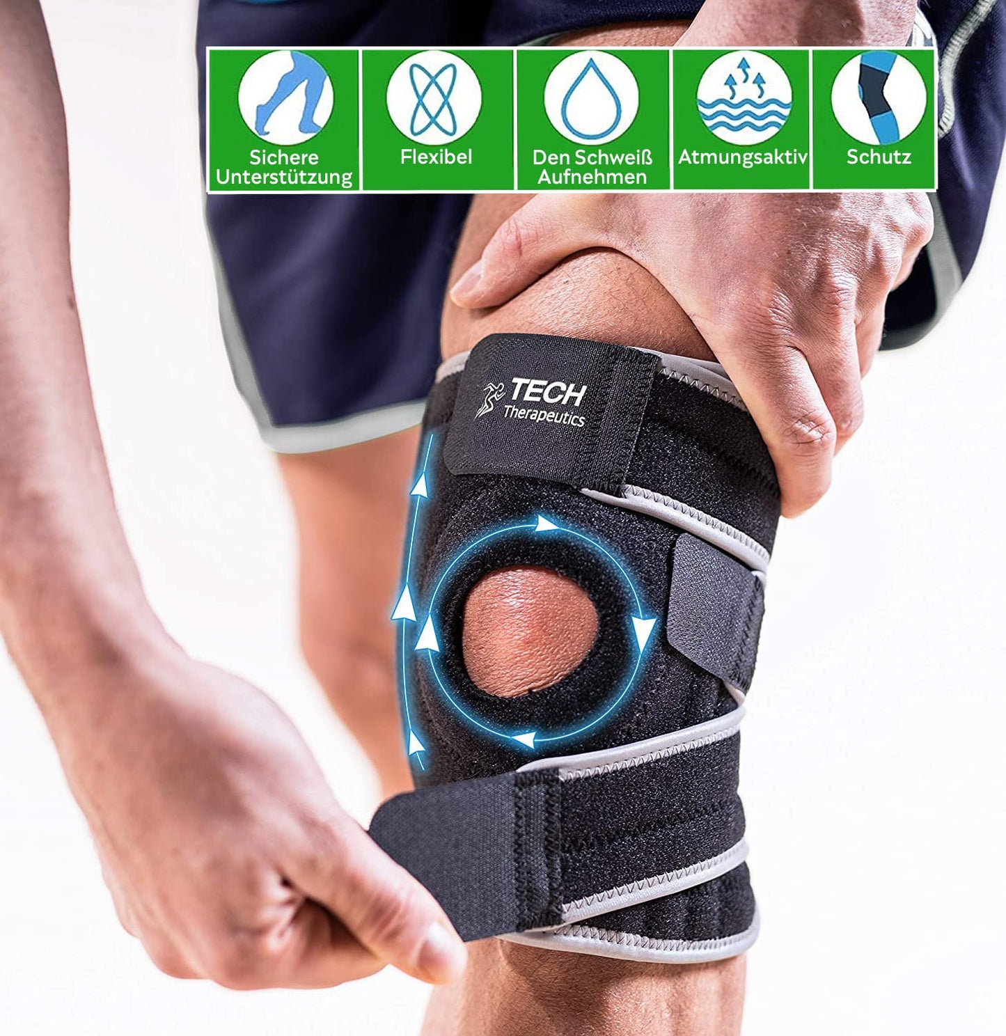Tech Therapeutics adjustable knee brace for women and men - knee orthosis for meniscus and patella, knee brace for support with side stabilizers, knee support for joint pain relief and arthritis