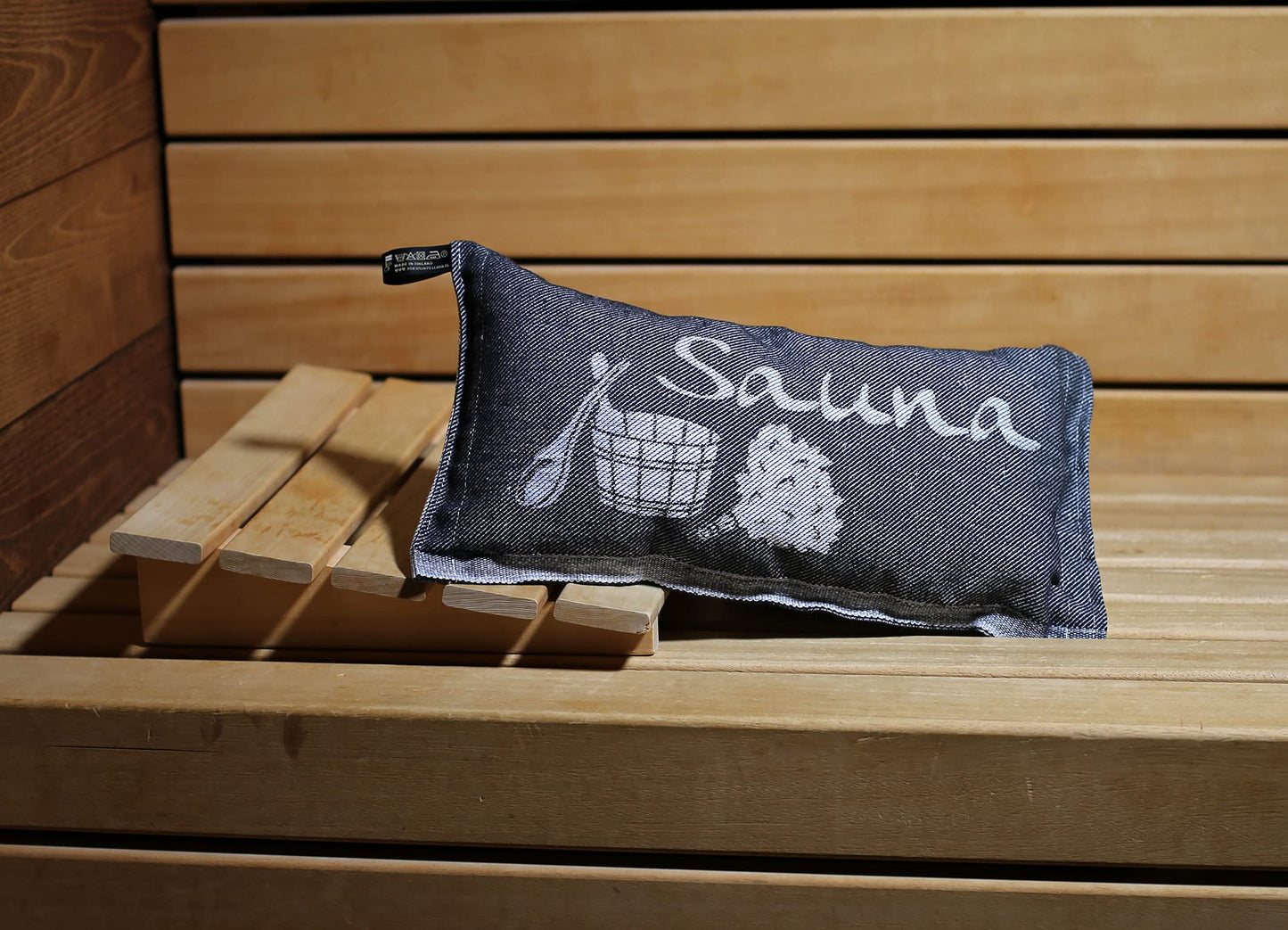 JOKIPIIN | 1 x Favorite sauna pillow travel pillow | Design: Sauna | Dimensions: 40 x 22 cm, linen/cotton | pollutant tested Ökotex 100 | Made in Finland (Black/White)