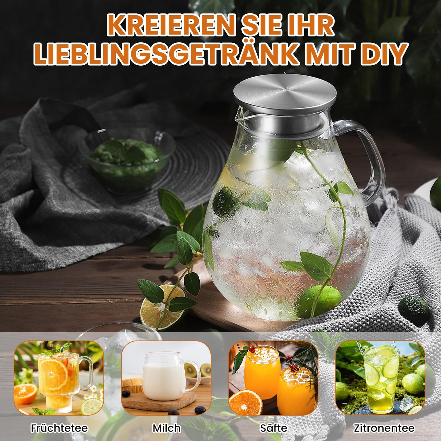 SUSTEAS 3.0 Liter 101 Ounce Water Carafe, Glass Carafe with Lid and Wide Handle, Easy to Clean Glass Pitcher for Fridge, Water Jug for Iced Tea/Milk/Coffee/Wine, Carafes with Brush