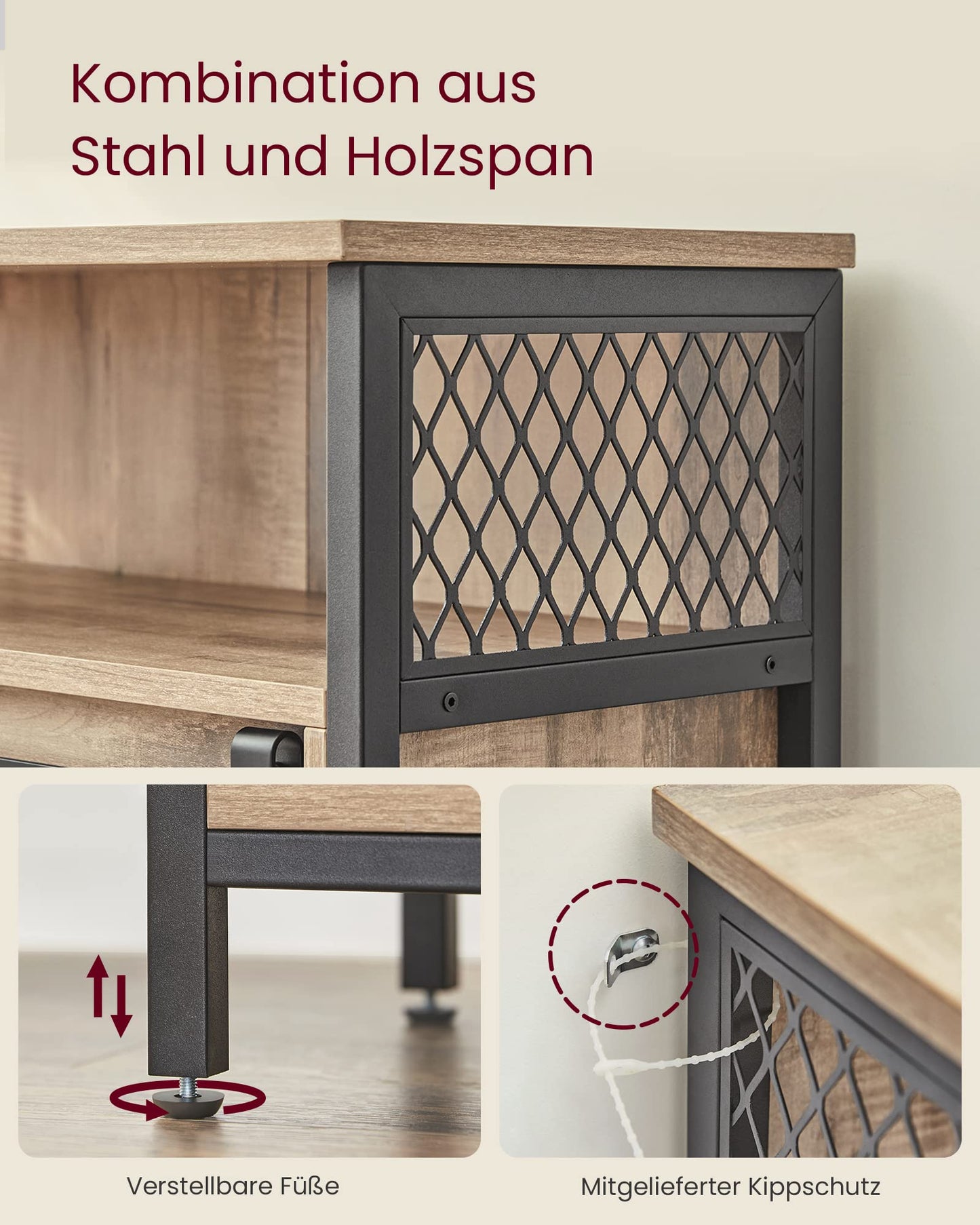 VASAGLE sideboard, kitchen cabinet, storage cabinet, with sliding door, 30 x 70 x 80 cm, adjustable shelf, open compartment, country style, for living room, oak brown-black LSC089B50