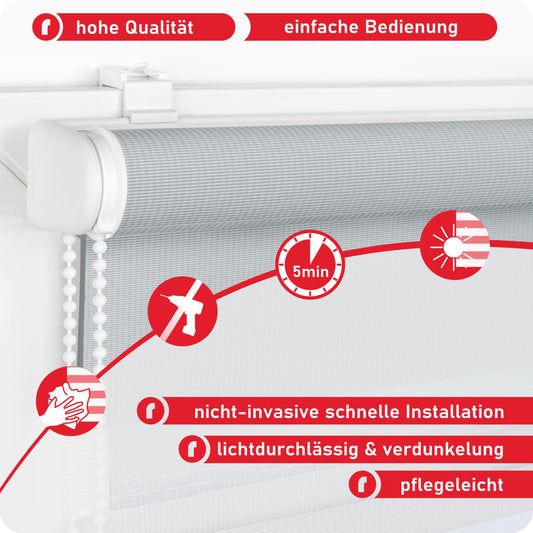 ROLLMAXXX Double Roller Blind without drilling - Clamp roller blind without drilling - Double roller blind clamp without drilling - Roller blinds for windows without drilling - Window blind - including accessories - size and color selectable