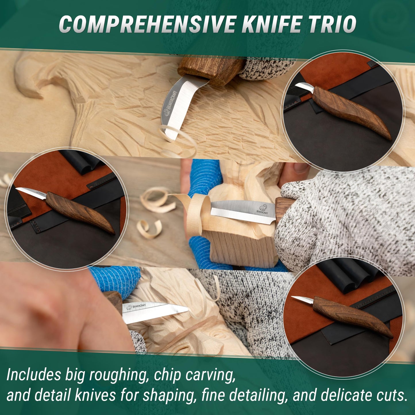 BeaverCraft Wood Carving Set Deluxe Carving Knife Set S15X - Wood Carving Tools and Leather Strop for Sharpening with Polishing Compound - Carving Knives, Gouges, Chisels.