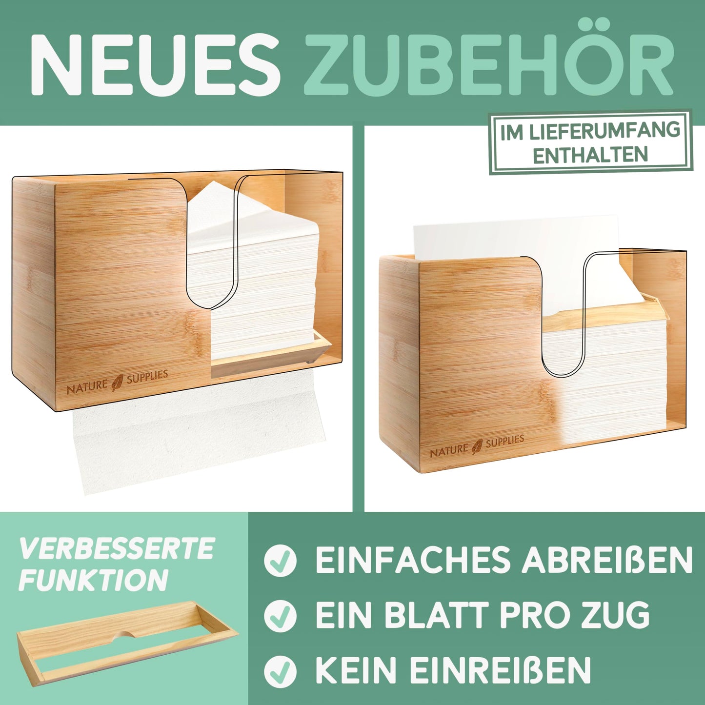 Nature Supplies wooden paper towel dispenser - paper towel holder with wall mounting or table placement, for paper towels with C, Z, or interfold fold.