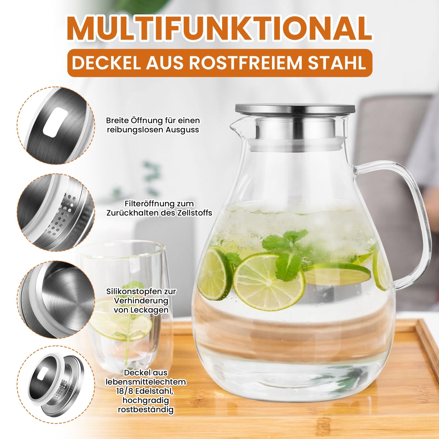 SUSTEAS 3.0 Liter 101 Ounce Water Carafe, Glass Carafe with Lid and Wide Handle, Easy to Clean Glass Pitcher for Fridge, Water Jug for Iced Tea/Milk/Coffee/Wine, Carafes with Brush