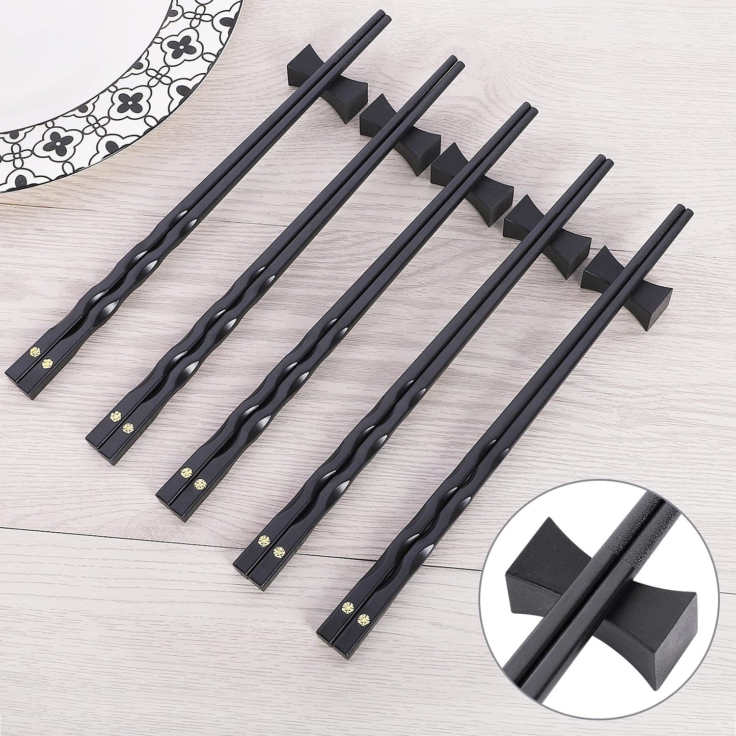 Youda Chopsticks Reusable Chinese Japanese Alloy Chopsticks with Holder, Dishwasher Safe, Premium Quality Chopsticks Gift Set (5 Pairs)