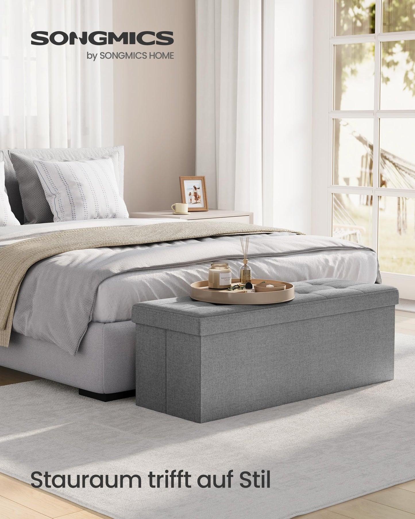 SONGMICS Storage Ottoman, Folding Bench, 38 x 110 x 38 cm Footrest, Storage Box, holds up to 300 kg, for Living Room Bedroom Hallway, Grey LSF77G