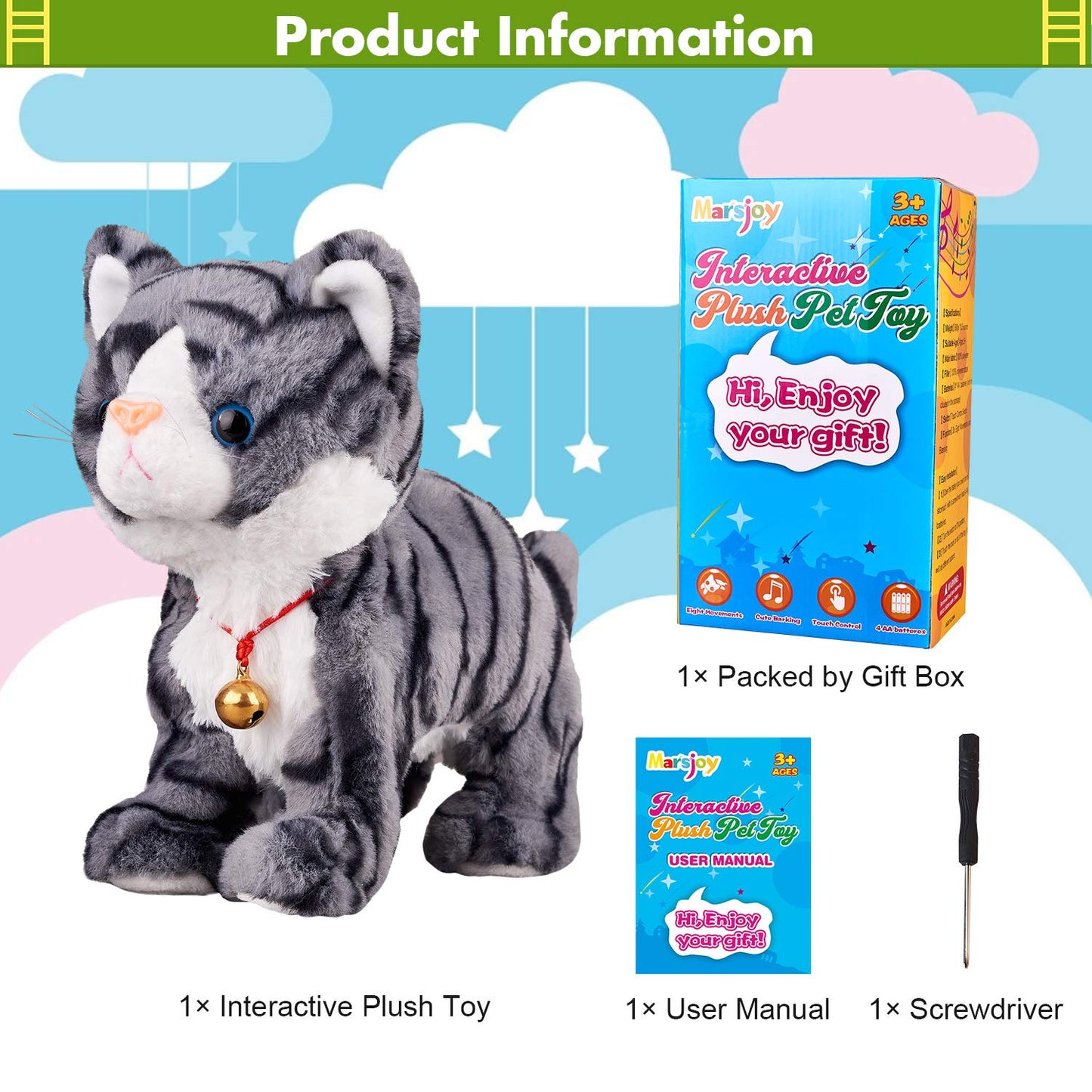 Marsjoy Interactive Plush Cat, plush toy, gray robot, with touch control, electronic cat pet, robot cat toy, animated toy for girls, kids, L: 30.5 cm.