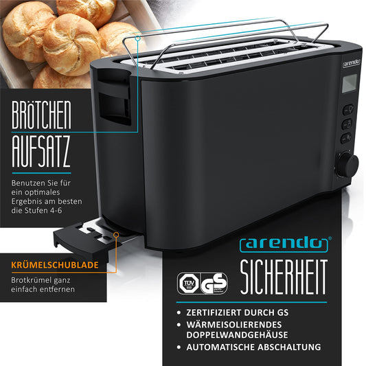 Arendo - Stainless Steel Long Slot 4-Slice Toaster - Double-wall housing - Integrated bun holder - Browning levels 1-6 - Bread centering - automatic shutdown - Display with remaining time display