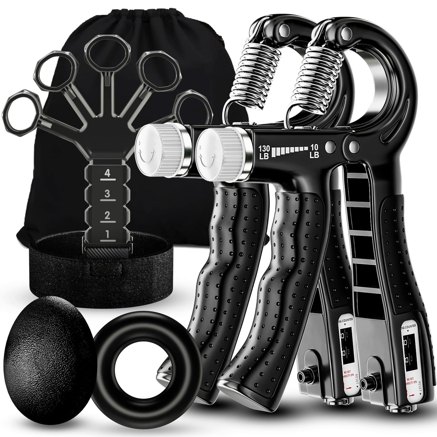 ALMAH Hand Trainer training set (5-pack), finger trainer grip strength trainer set, 2 adjustable resistance forearm trainers, finger stretcher, training ring & stress relief grip ball with carrying bag.
