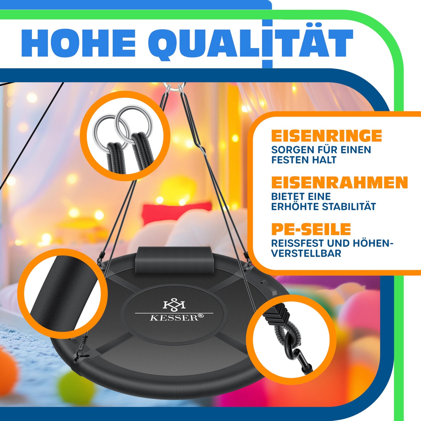 KESSER® Nest Swing Plate Swing Hanging Swing Round Swing Ø 120cm Swing Loadable up to 300kg with Cushion & 4 Handles Adjustable Children's Swing Indoor & Outdoor for Kids & Adults Charcoal Gray
