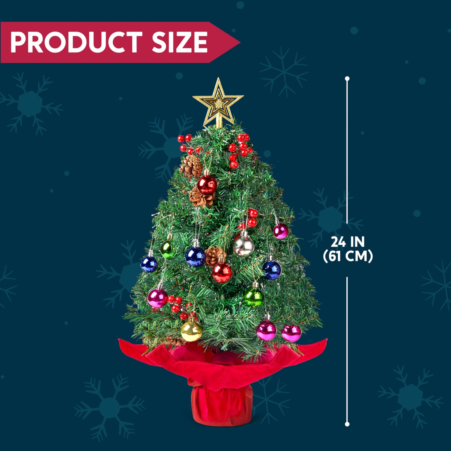 JOIEDOMI 24"/2FT Pre-lit Tabletop Christmas Tree with warm lights, holly berries, and pine cones for a beautiful Christmas decoration.