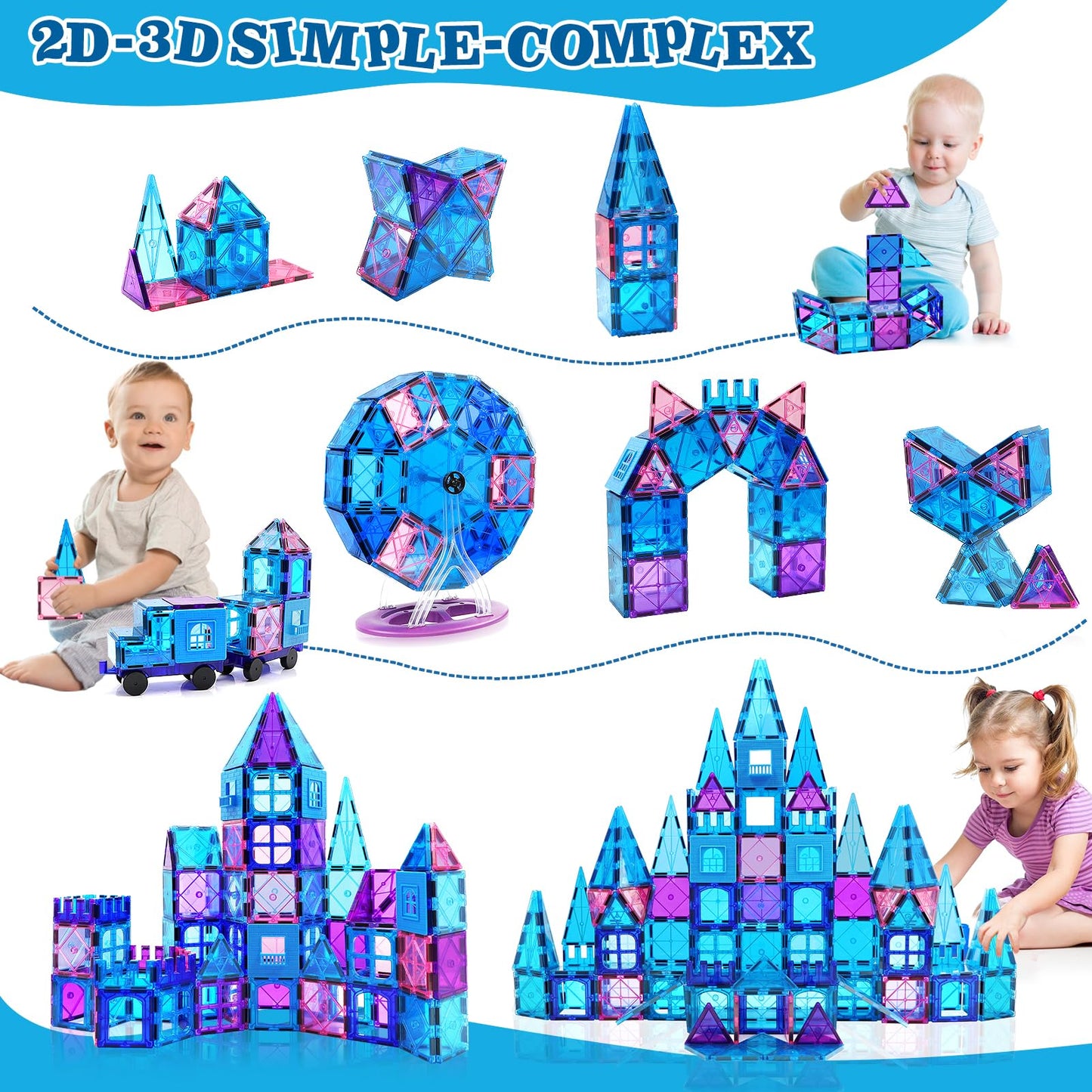 Magnetic building blocks 102 pieces Magnetic building toy for ages 3 years and up Magnets for kids Magnetic toys with Ferris wheel/2 cars Montessori children's toy for ages 3-9 years old Boy Girl Gifts
