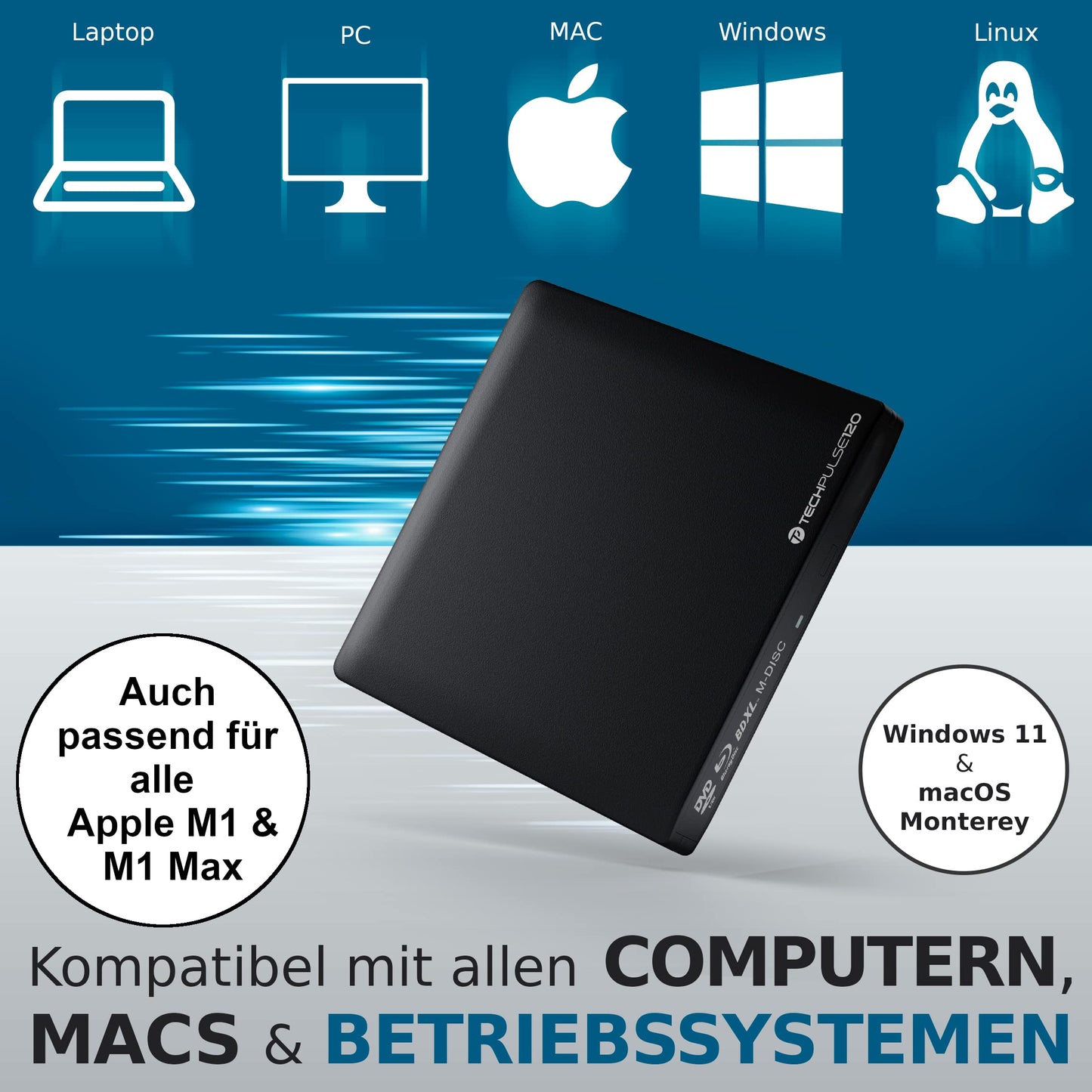 techPulse120 USB 3.0 3D External Blu-Ray Burner Burner M-Disc BDXL Superdrive Blu-ray Rom Drive BD DVD CD Slim for Computer Notebook Ultrabook Windows MacOS Apple iMac MacBook Pro Air Aluminum Black