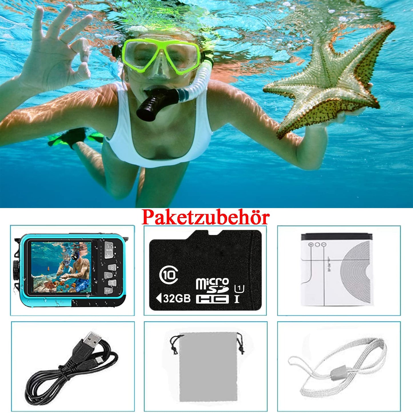 Underwater Camera Full HD 2.7K 48MP 10FT Camera Waterproof Dual Screen 16X Digital Zoom Snorkeling Waterproof Digital Camera for Selfie Underwater, Swimming, Vacation