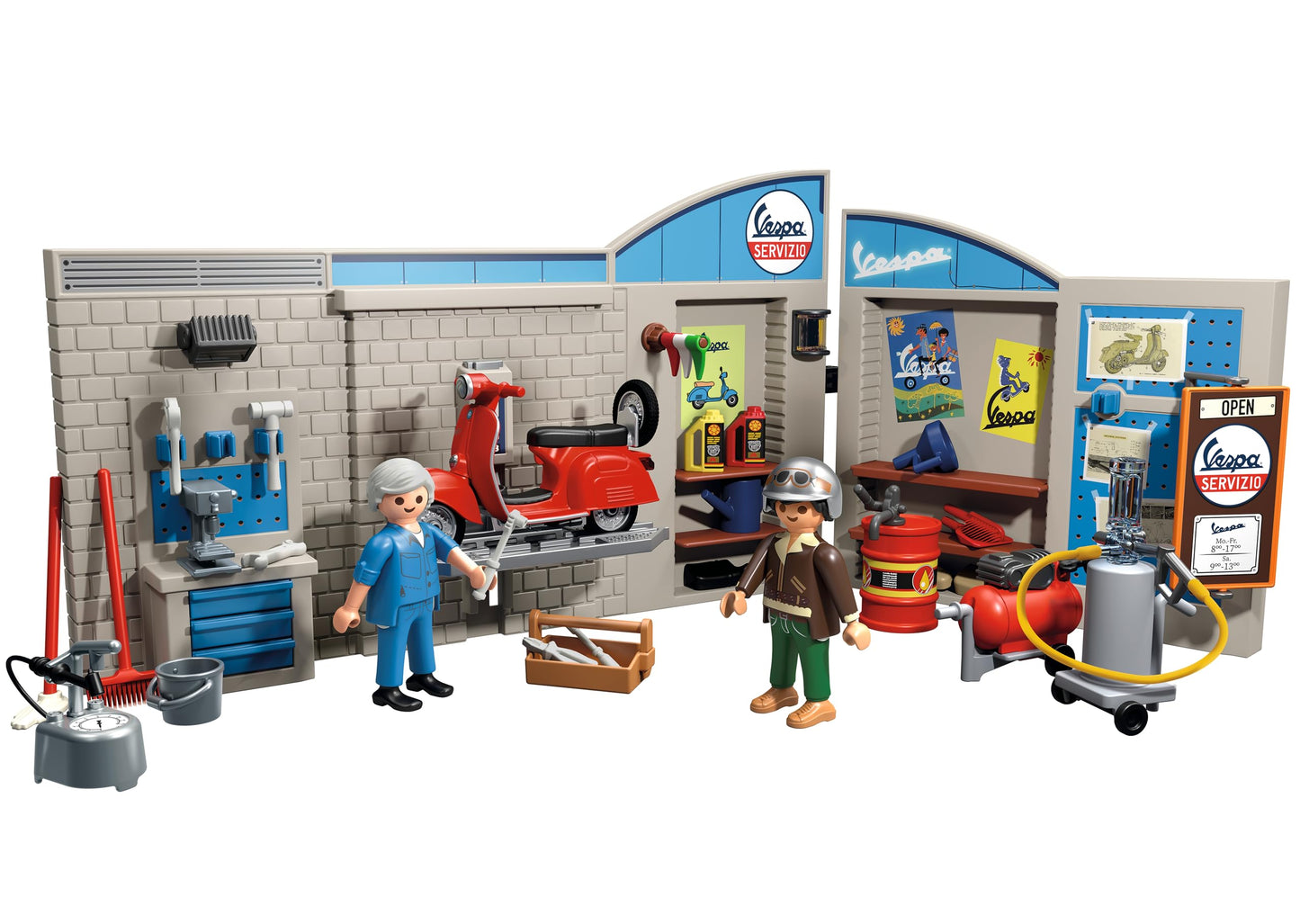 PLAYMOBIL Cars 71620 60s Vespa Garage, including movable lift, with various accessories for an authentic workshop, for vehicle enthusiasts of all ages.
