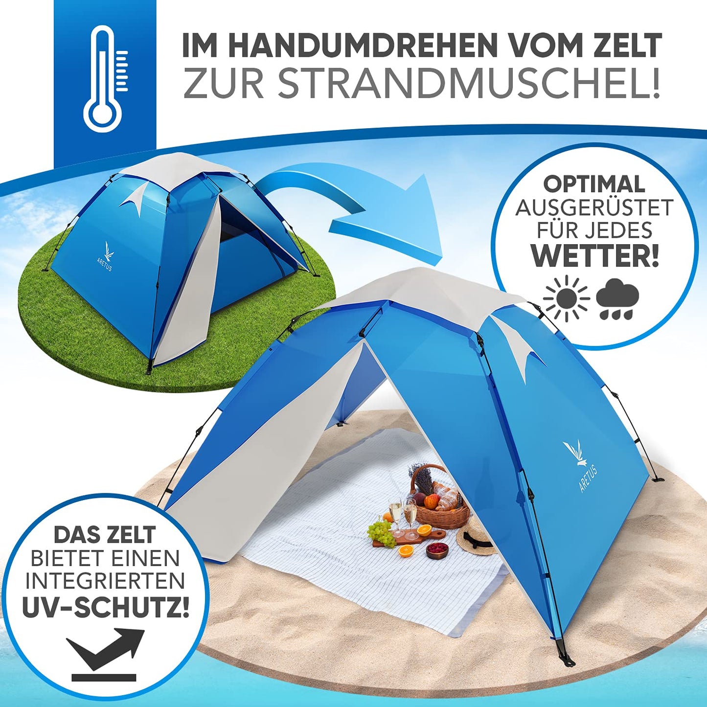 Aretus - Pop up tent for 2-4 people SET UP AND TAKE DOWN IN 45 seconds - Extra Large & Waterproof - Automatic pop up tent for 3 people, tent for 3 men