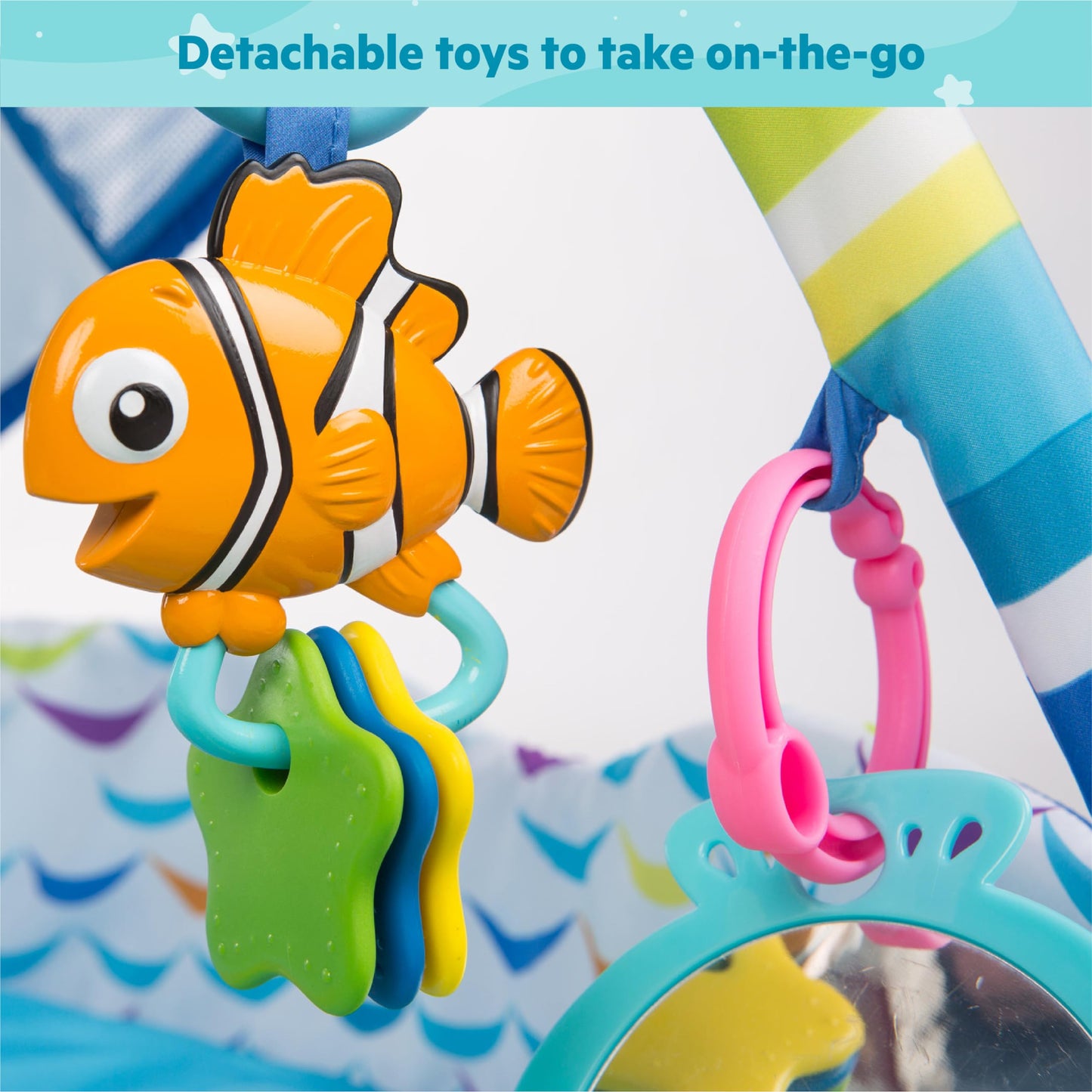 Bright Starts, Disney Baby, Finding Nemo playmat with play gym, lights, over 20 minutes of melodies, a Dory finger puppet, and more.