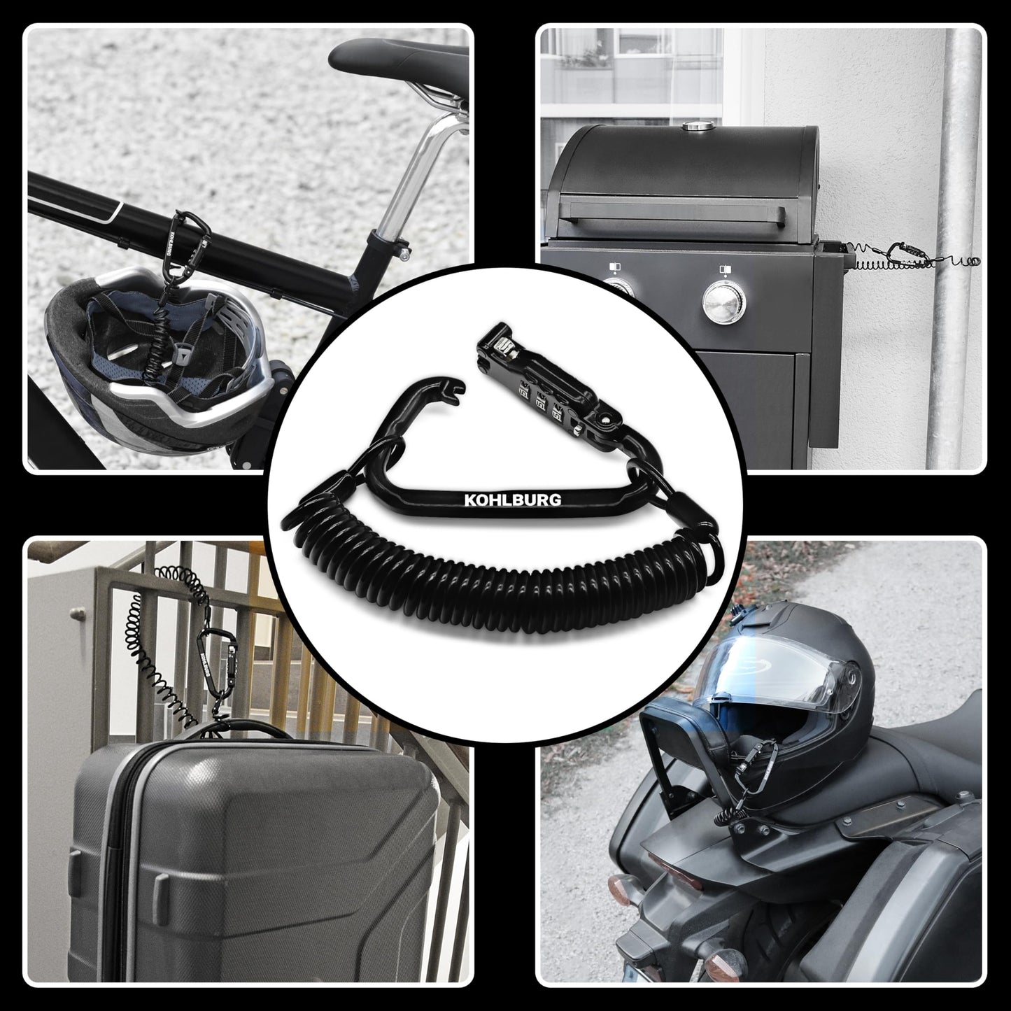 KOHLBURG 180cm extra-long combination lock for the bag - 3mm thick cable lock for use as stroller lock, helmet lock, snowboard lock & ski lock - mini road bike & bicycle lock with combination code