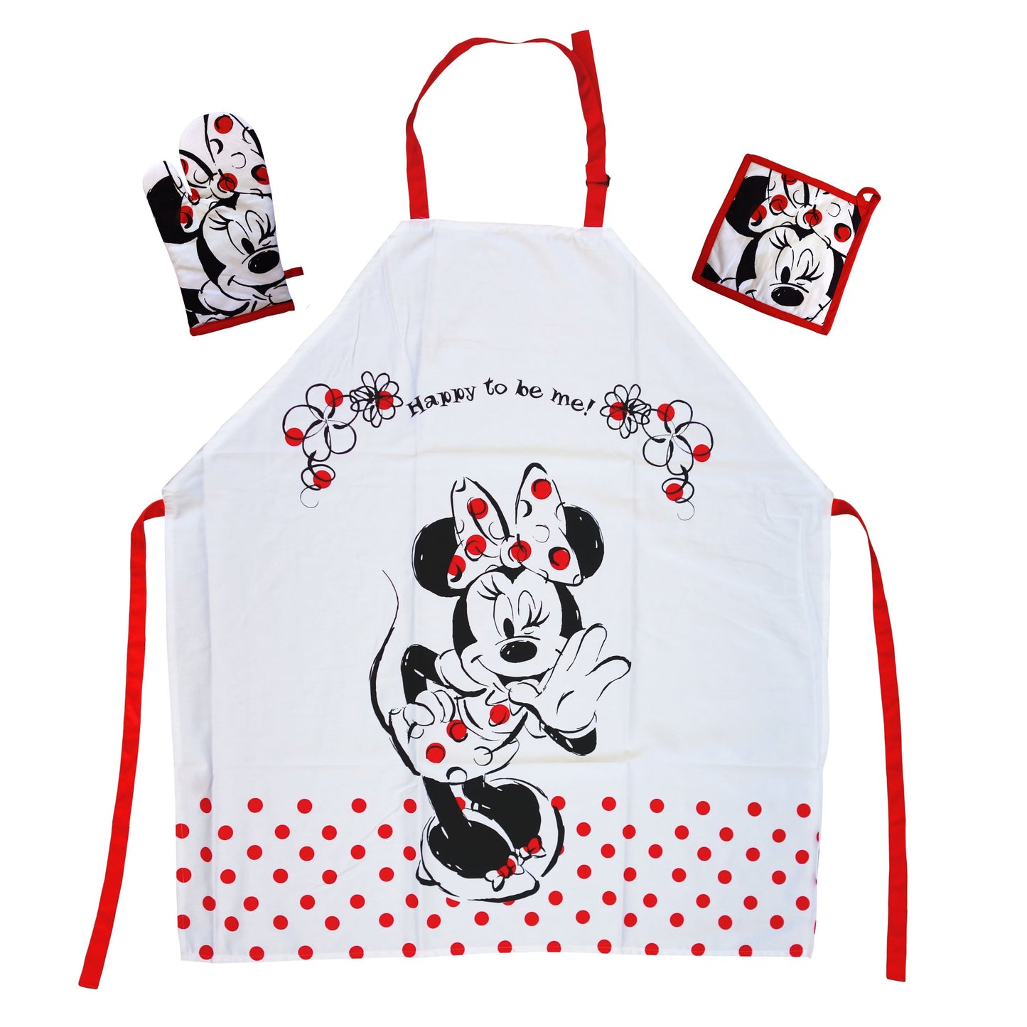 Gift idea for Walt Disney Minnie Mouse fans: apron set with Minnie Mouse mini apron. 65% polyester/35% cotton.