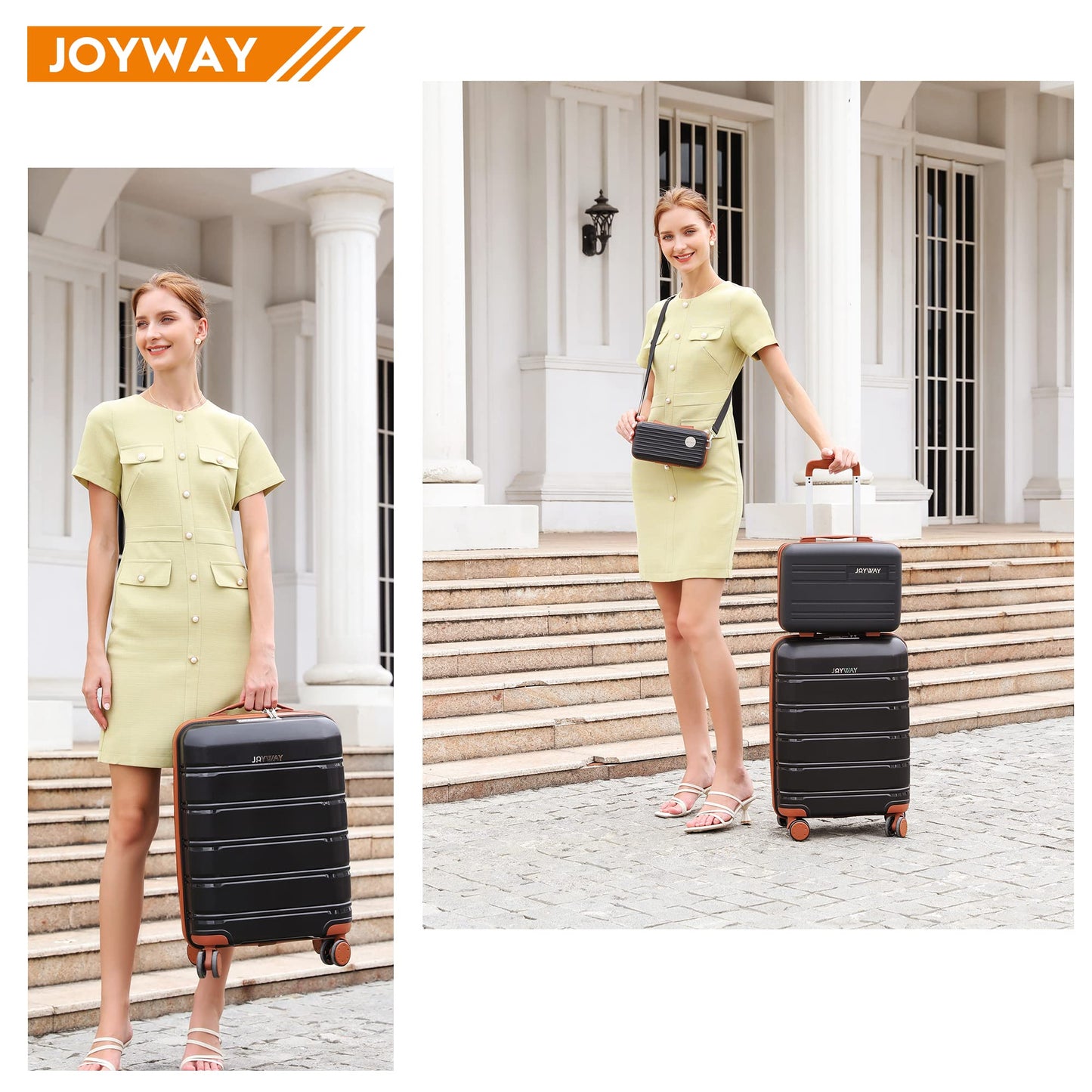 Joyway luggage set 3 pieces hard shell with 4 wheels and TSA lock. The luggage set includes 1 cosmetic case and 1 portable bag in black/brown.