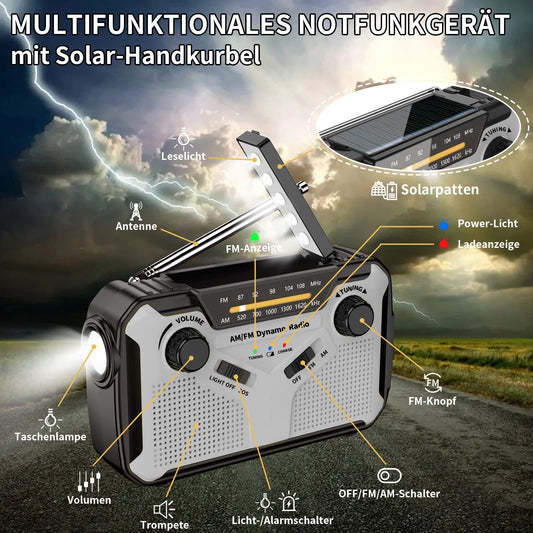 Solar radio, AM/FM portable crank radio dynamo emergency radio with 4000mAh rechargeable battery, LED flashlight, SOS alarm for camping, outdoor, emergency (Grey)