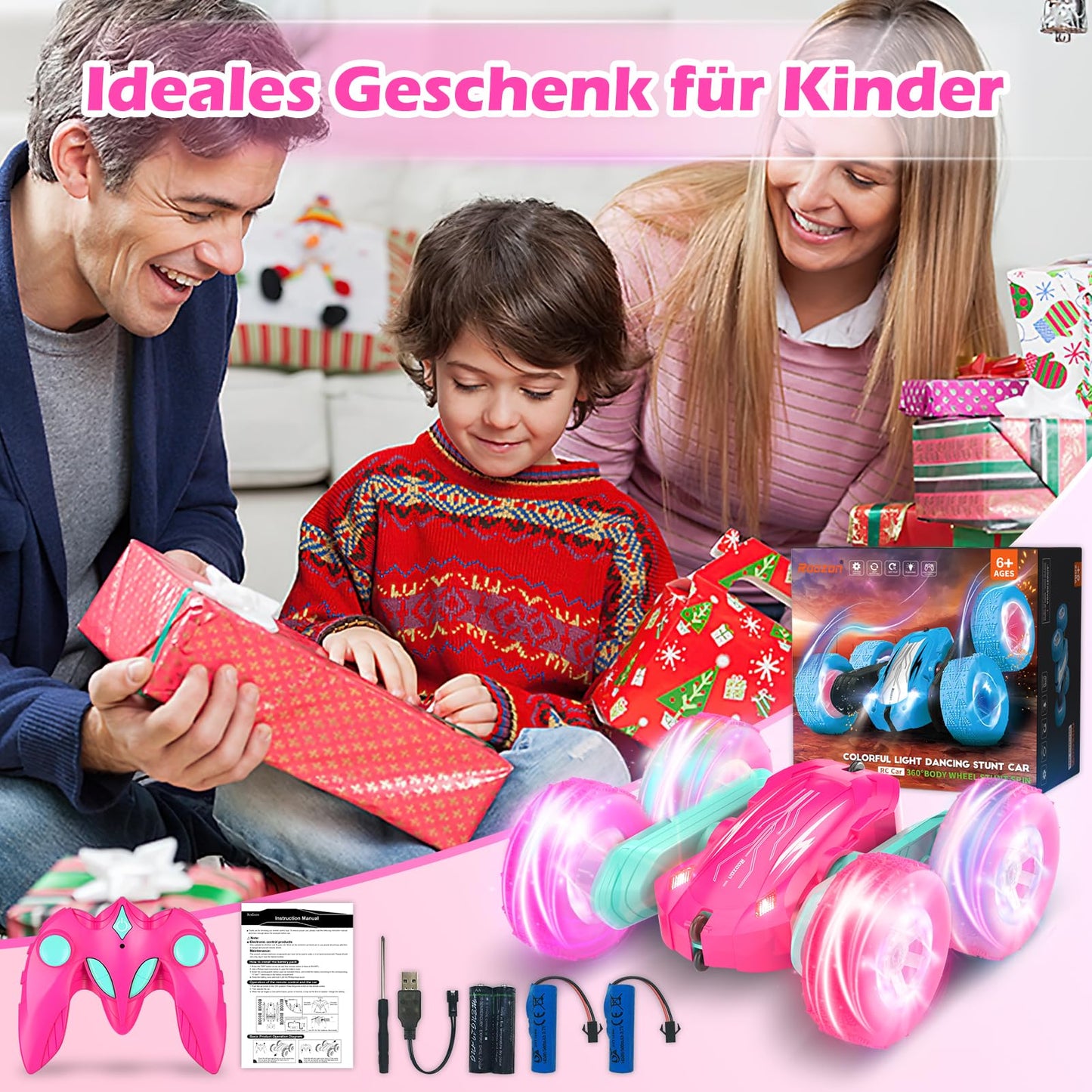 Rodzon Remote Control Car Crawler for Girls Ages 3 4 5 6 7 8 9+ LED Blinking Toy Girls Gifts Kids Toy 2.4Ghz 4WD 360° Flip RC Car with 2 Rechargeable Batteries (Pink)