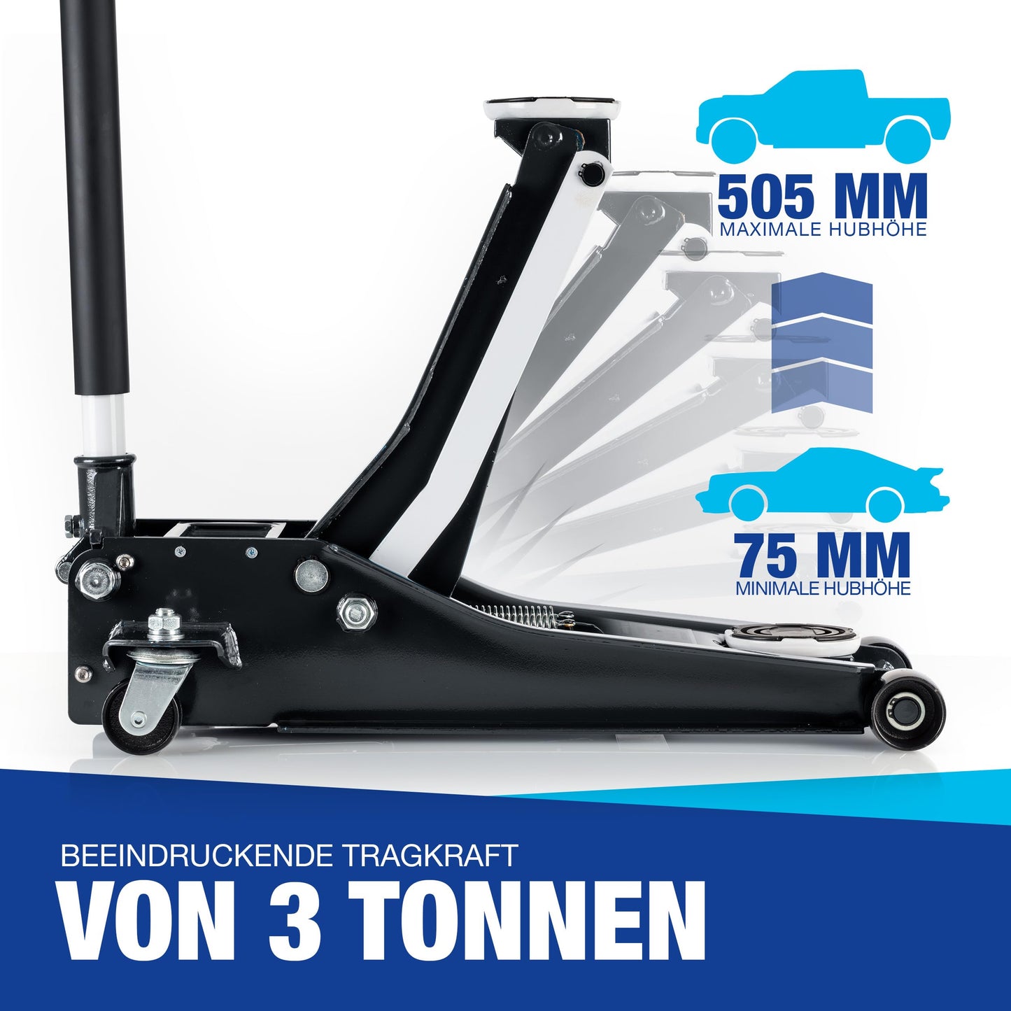 NTG Hydraulic Jack 3T - TÜV Certified - (75-505mm lifting height) Low profile with double cylinder Extra Stable Professional Trolley Jack 3000kg flat for SUV & lowered cars automotive vehicle (Black)