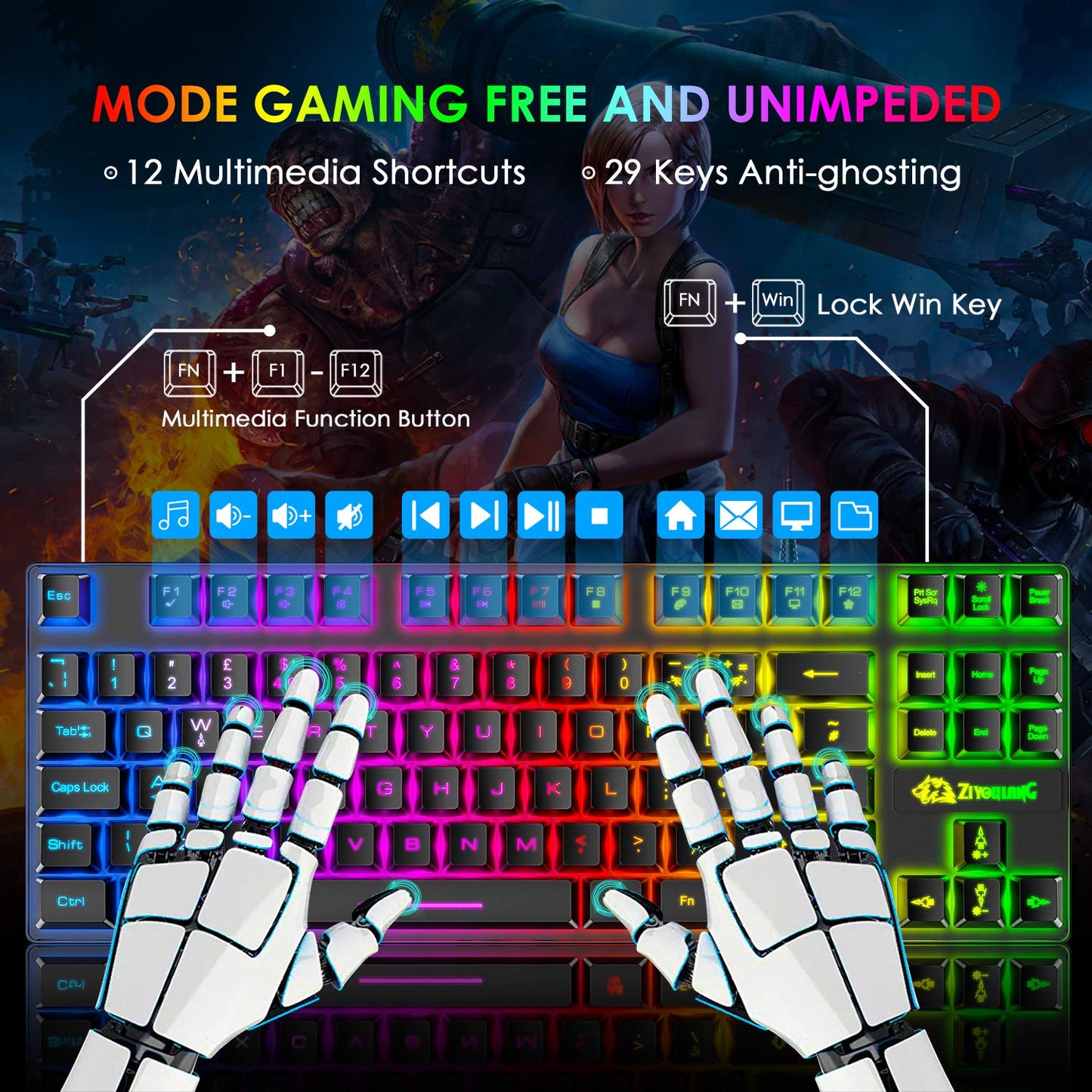 Gaming keyboard and mouse, 88-key USB keyboard with rainbow backlit + programmable ultralight gaming mouse with 6400 DPI for computer PC PS4 PS5 laptop Mac (black)