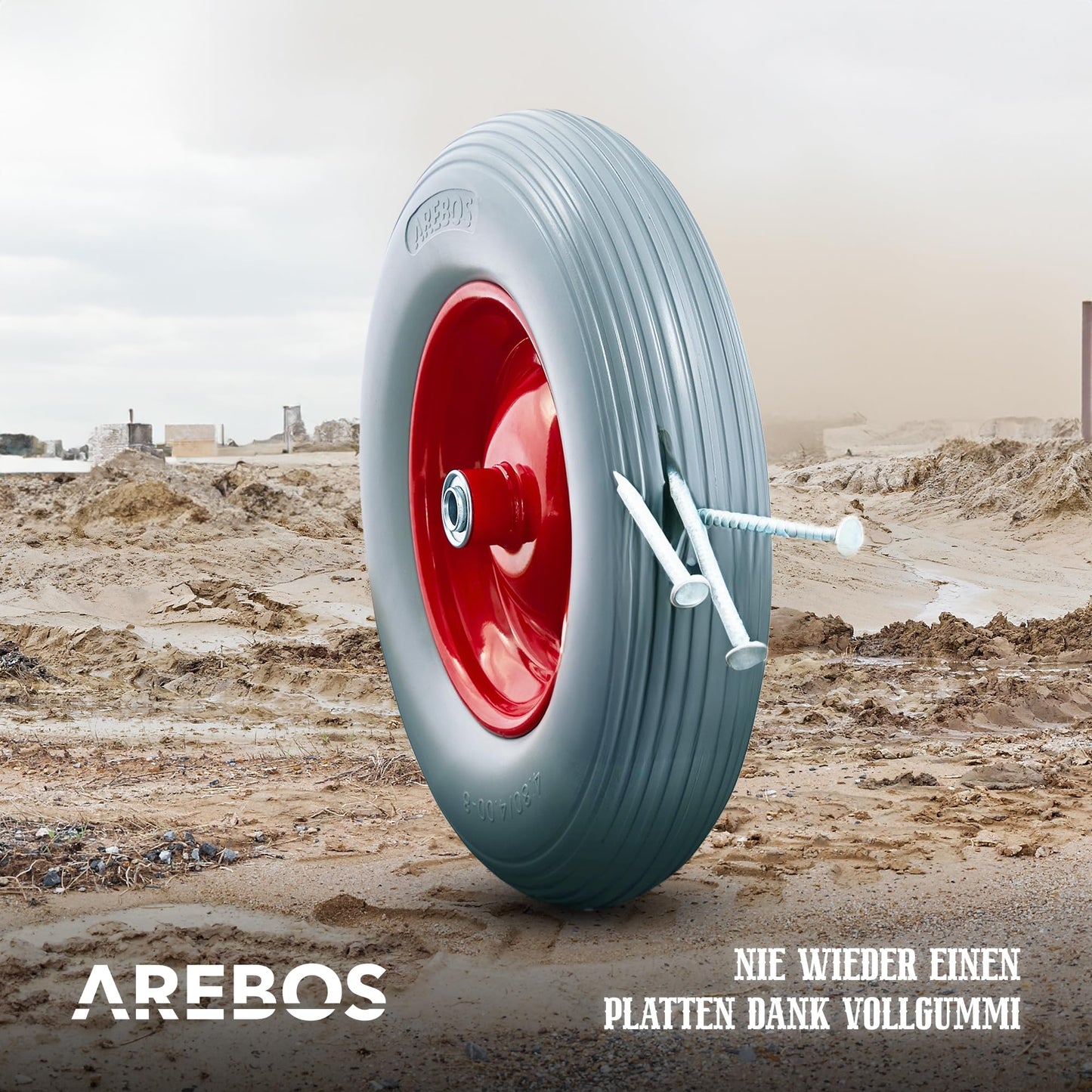 Arebos wheelbarrow wheel made of puncture-proof PU solid rubber. Load capacity 200 kg. Tire with steel rim. 4.80/4.00-8. Replacement wheel with axle. Diameter 390 mm. Grey.