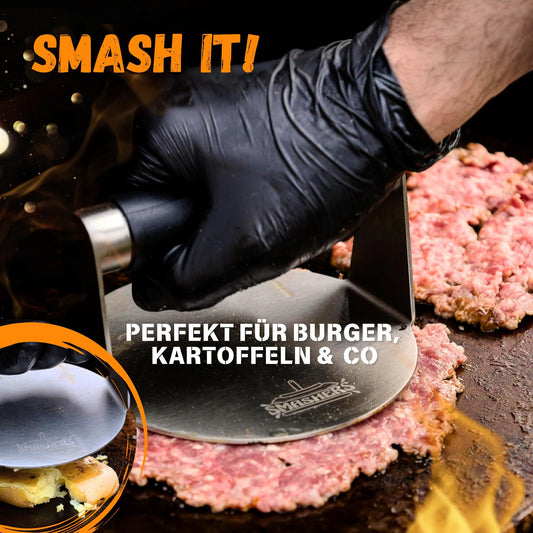 SMASHERS Smash Burger Set - Burger smasher set with burger press, grill spatula, flipper, and burger bell - Includes e-book with smash burger recipes & burger paper (6 pieces)