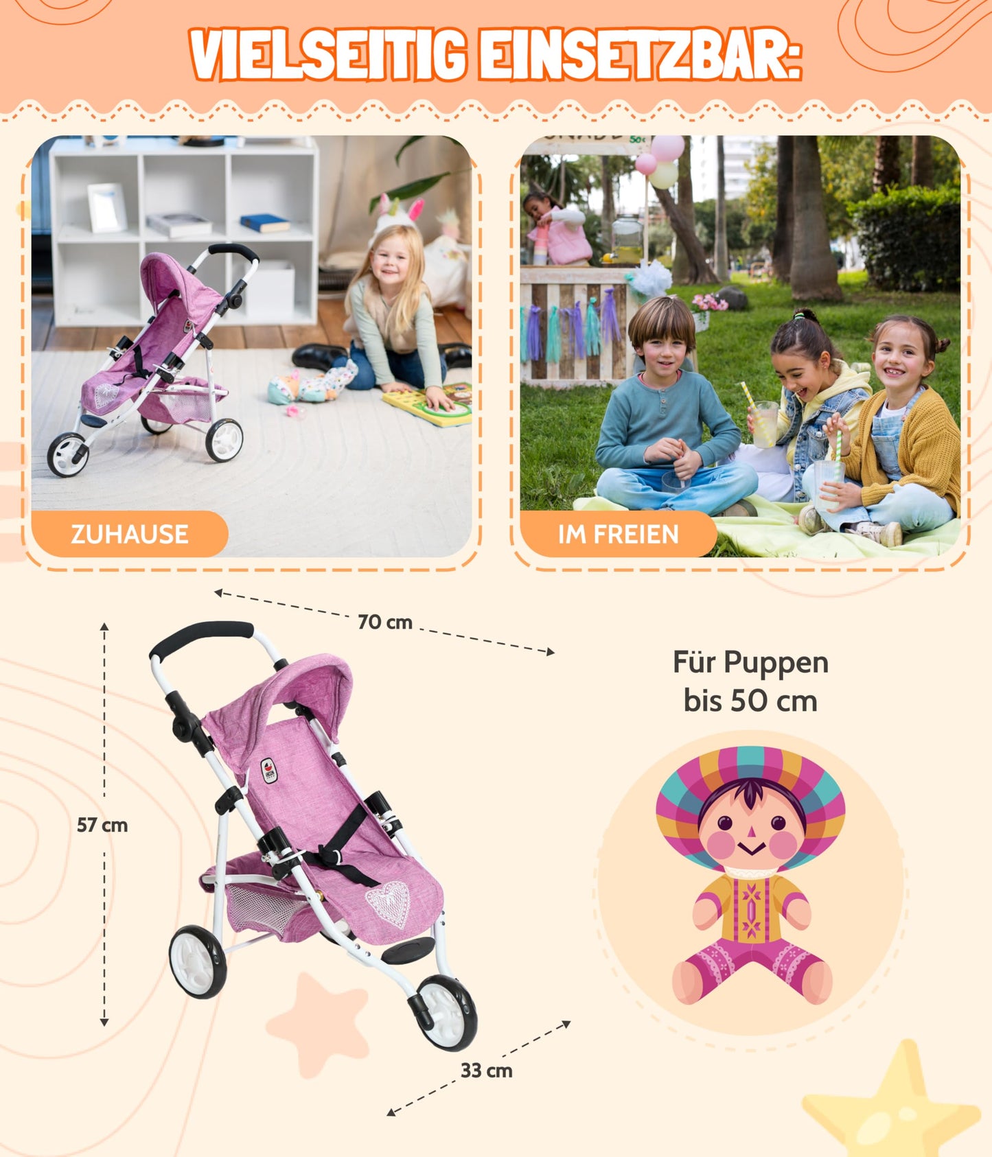 Bayer Chic 2000 - Doll Buggy Lola, Jogging Buggy, Doll Jogger, Doll Carriage, Grey Jeans, 70 x 33 x 62 cm