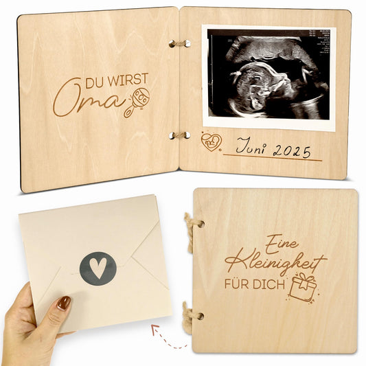 Announcing pregnancy with wooden book (You're going to be a grandma)