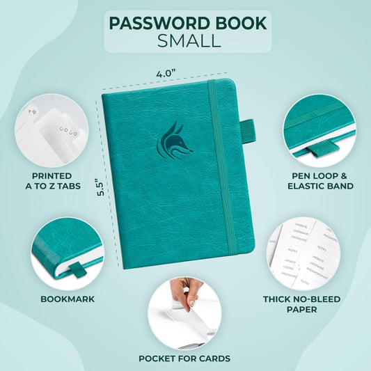 Clever Fox Password Book with Tabs - Address and Password Organizer with Alphabetical Tabs - Small Password Book for Computer and Website Logins, Aquamarine