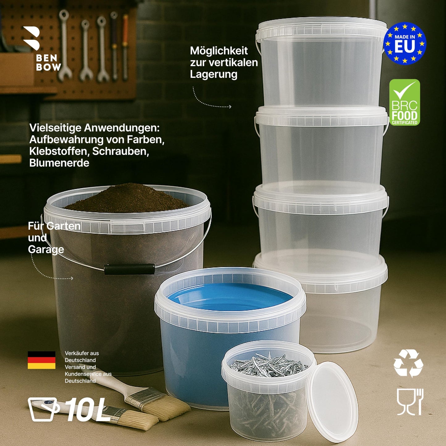 BenBow Bucket with Lid 10L transparent 100x 10 liters - food-safe, sturdy, airtight - Plastic storage container, with handle - empty