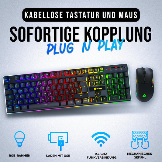 KLIM Thunder Wireless Gaming Keyboard and Mouse Combo - New 2023 - Wireless backlit keyboard with durable built-in battery + 4800 DPI RGB wireless gaming mouse for PC.