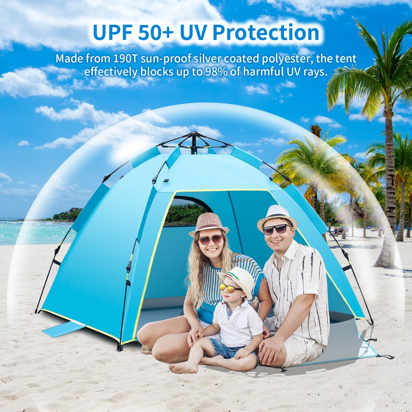 Cflity Beach Shelter, 1-3 Person Automatic Instant Pop Up Beach Tent, UV Protection 50+ Sun Shelter Large Portable Extra Light Pop Up Tent with Double Door for Garden, Fishing, Picnic.