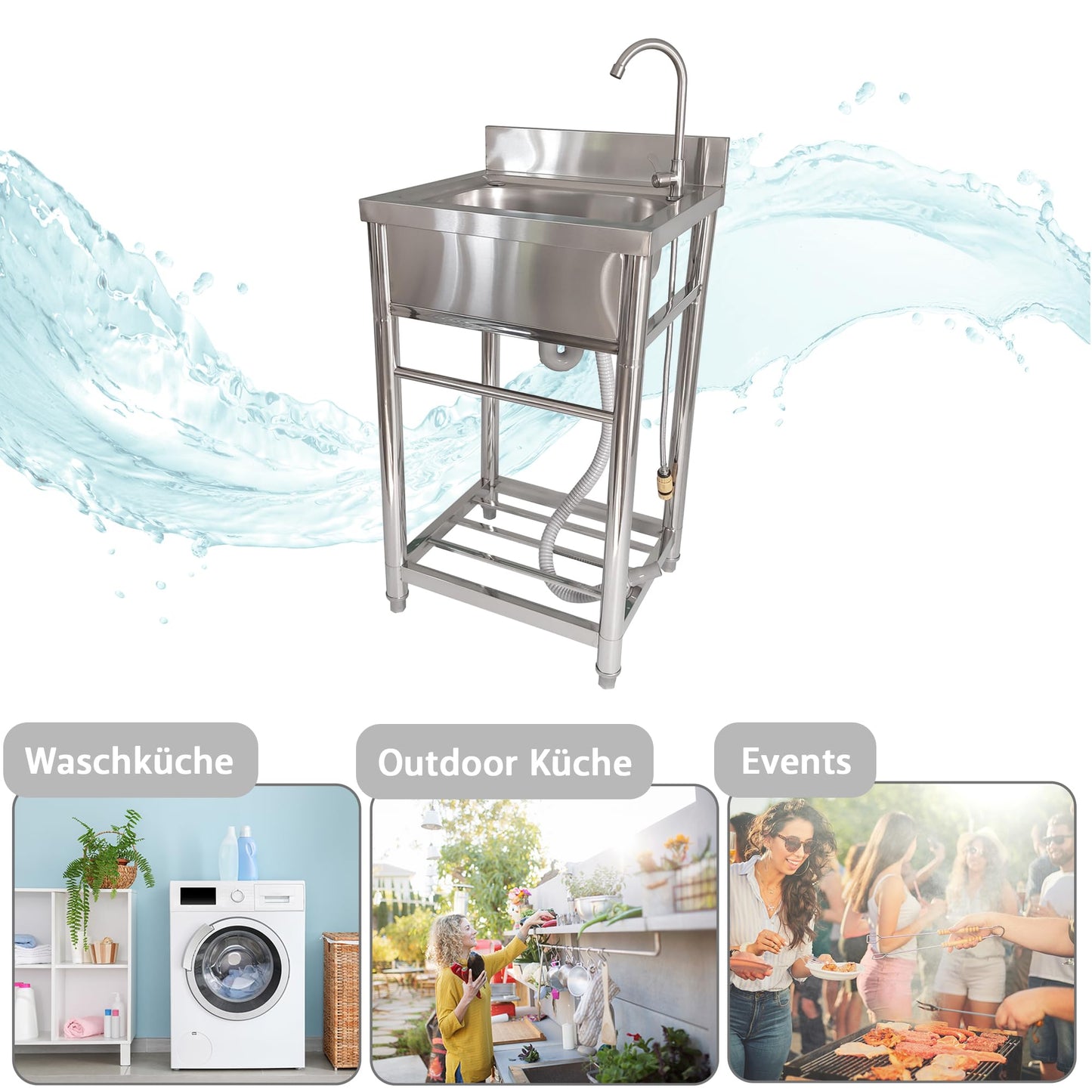 Lemodo freestanding sink - stainless steel sink with faucet, garden hose connection, mobile sink for outdoor kitchen, catering and camping, freestanding kitchen sink with shelf