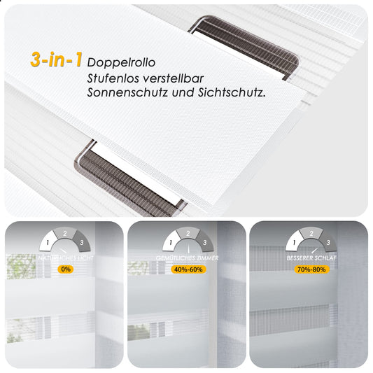 Double roller blind clamp fix without drilling & with drilling, 80x130cm (fabric width 76cm) White, 3-in-1 Duo Roller blind for windows & doors, window blind inside light-permeable & darkening, clamp blind blinds sun protection