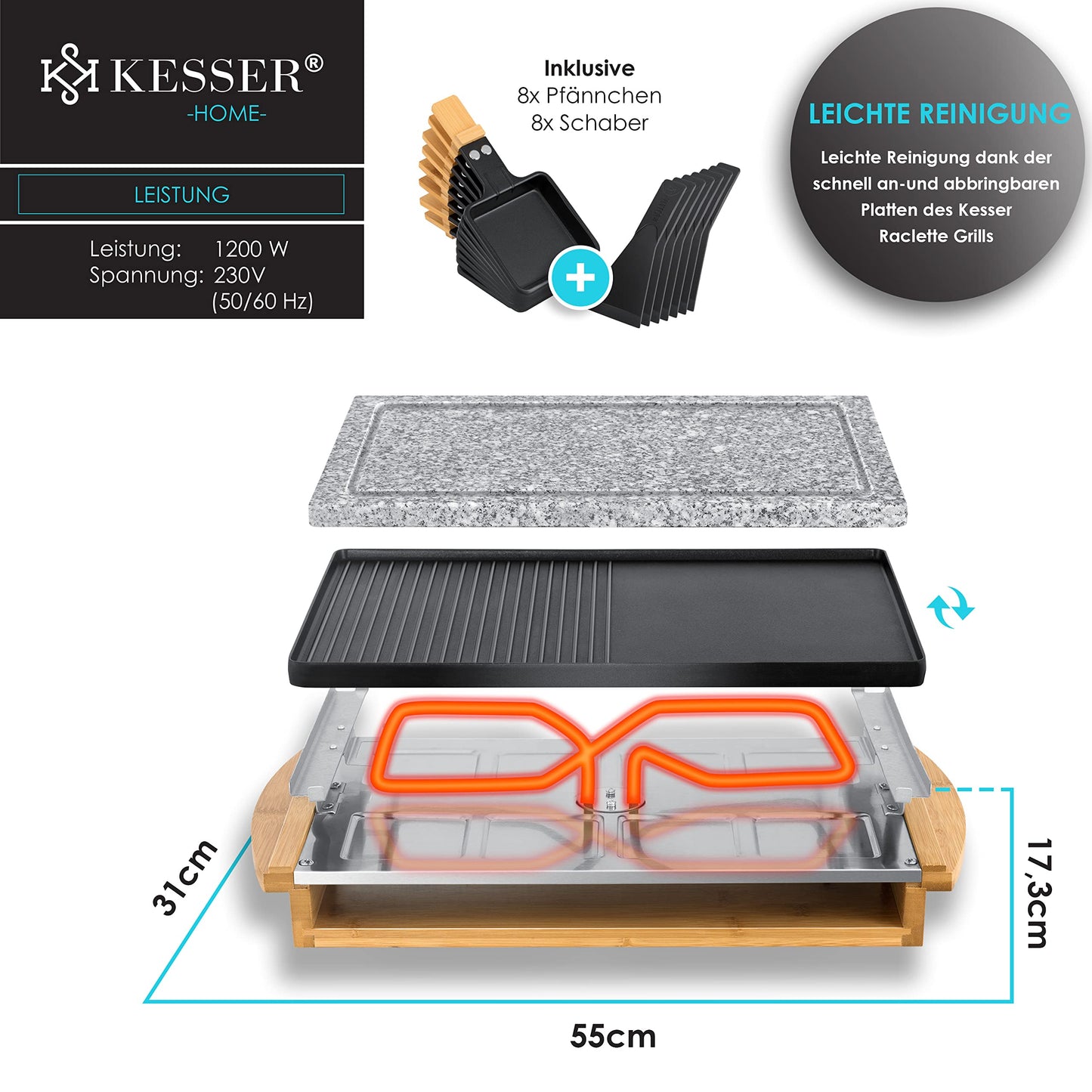 KESSER® Raclette grill with natural stone grill plate, tabletop grill for 8 people, electric raclette grill with non-stick coating grill plate, 8 pans and wooden spatula 1200W