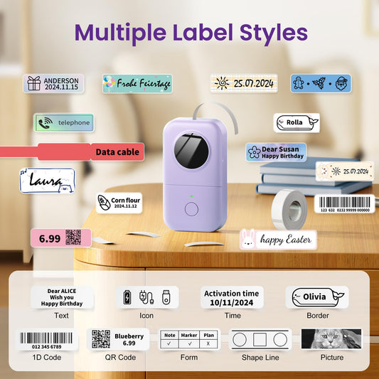 Phomemo D30 label maker, Bluetooth label printer, self-adhesive mini label printer compatible with iOS Android. Portable labeling device for home, kitchen, office - Purple.