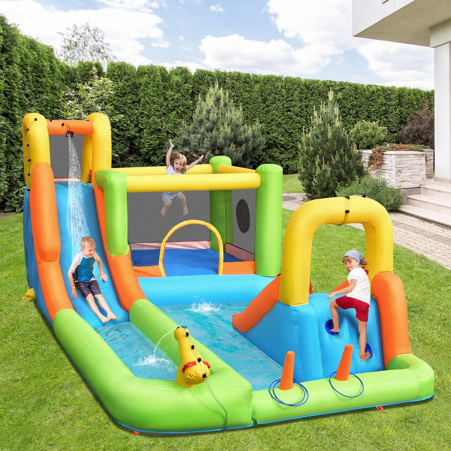 GOPLUS Inflatable Bounce House, Water Slide with 2 Splash Pools, 2 Slides, Climbing Wall, Water Cannon, Basketball Hoop, Toss Game & Target Balls, for 3-10 years, 503 × 290 × 216 cm (Without Blower)